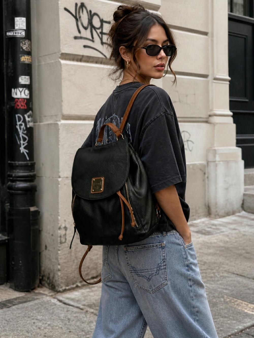 Valentina Black Backpack Bag 100% Leather Pebble Tan Straps NEW 🤎 Retail $349-
